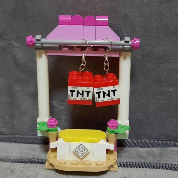 Handmade earrings made with genuine Lego red &  white minecraft TNT pieces. - Picture 1 of 1